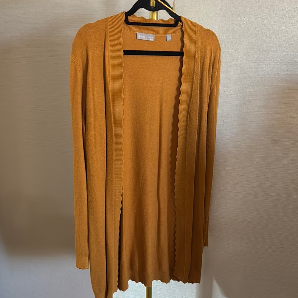 Mustard Scallop Detail Open Front Cardigan Sweater